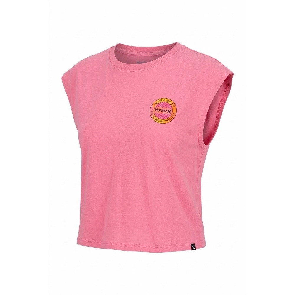 Hurley Womens Pink Surf & Enjoy Graphic Muscle Tee Cropped Cotton Tank Top M